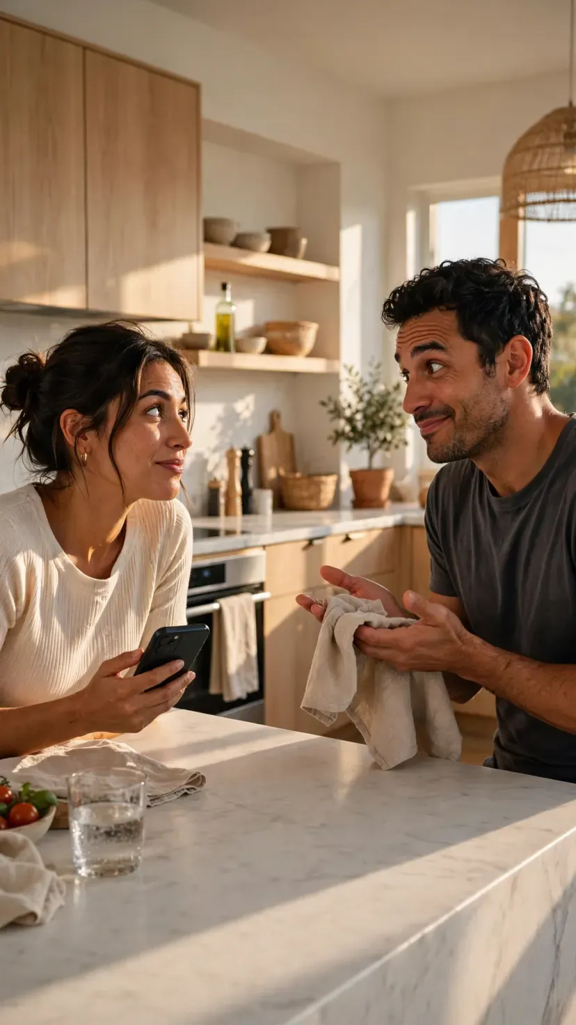 Two people deciding what to cook together in the kitchen